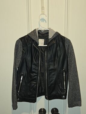 SO Black Faux Leather Jacket with Gray Knit Hood & Sleeves